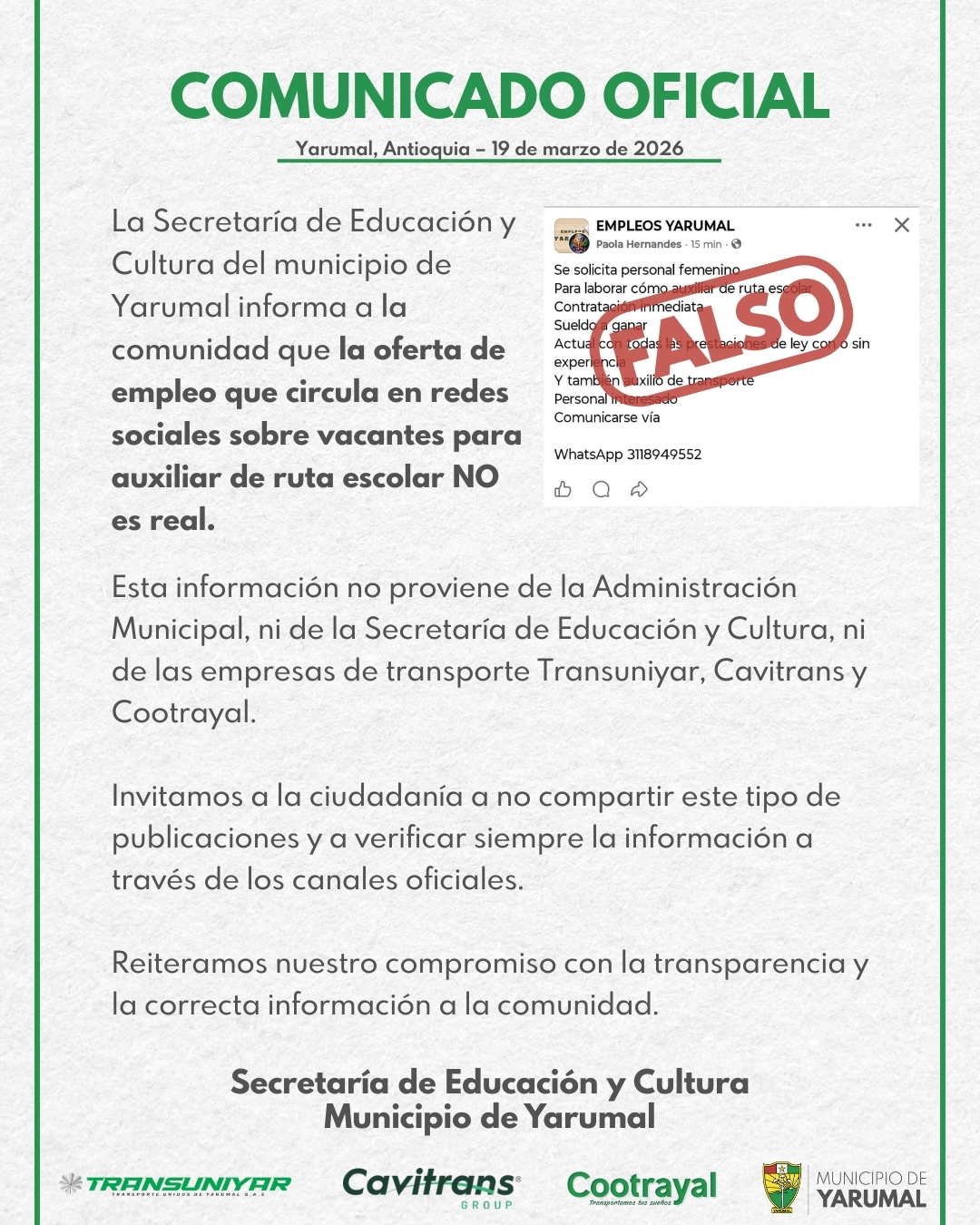 Imagen destacada de Secretaría de Educación y Cultura de Yarumal Rinde Aclaración Pública sobre Falsas Vacantes en Redes Sociales 📢✨