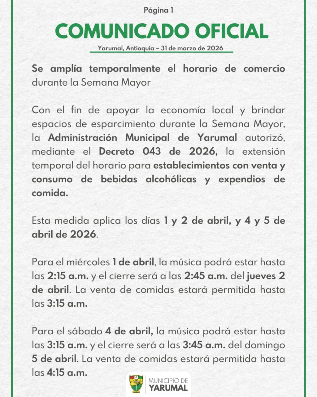 Imagen destacada de Yarumal amplía temporalmente horarios de comercio durante la Semana Mayor para impulsar la economía local