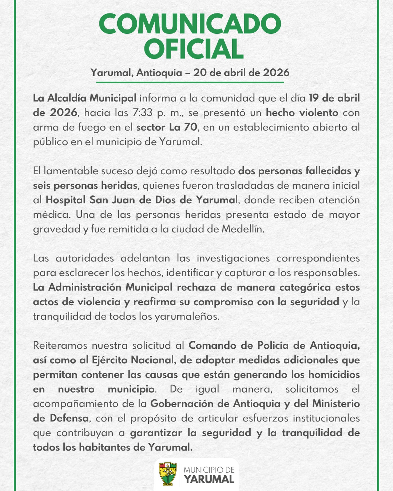 Imagen destacada de Comunicado oficial - 20 de abril 2026