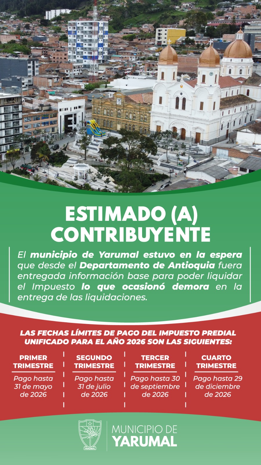 Imagen destacada de Yarumal informa sobre descuentos en el Impuesto Predial Unificado 2026 y atención para consultas catastrales