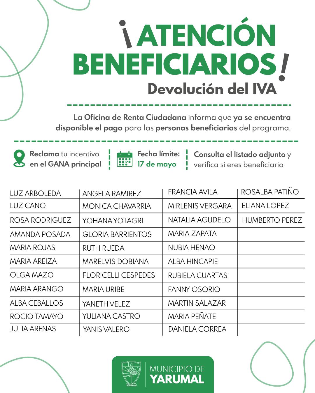 Imagen destacada de 📢💰 ¡Atención beneficiarios! Ya está disponible el pago del programa Devolución del IVA en Yarumal 🤝✨