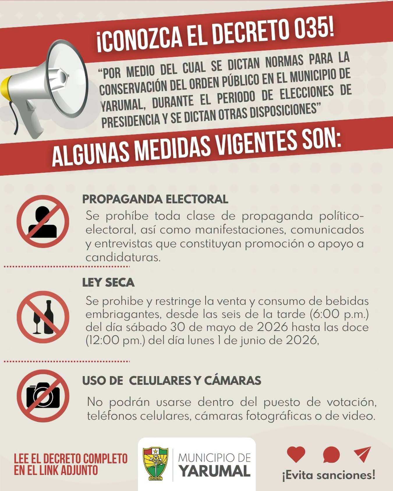 Imagen destacada de 📢⚖️ ¡Atención Yarumal! Conoce las medidas del Decreto 035 para este fin de semana electoral 🗳️✅