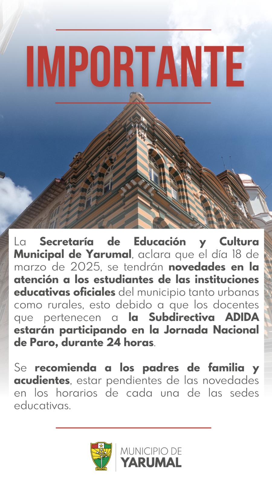 Aviso Importante de la Secretaría de Educación y Cultura Municipal de Yarumal 📚